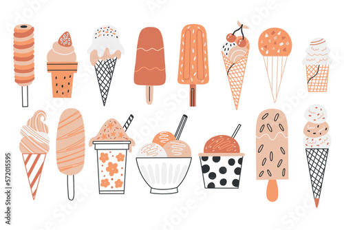 Set Orangish Ice Cream. Collection Sweet Dessert. Stylish summer frozen delicious snack. Vector illustration on white isolated background