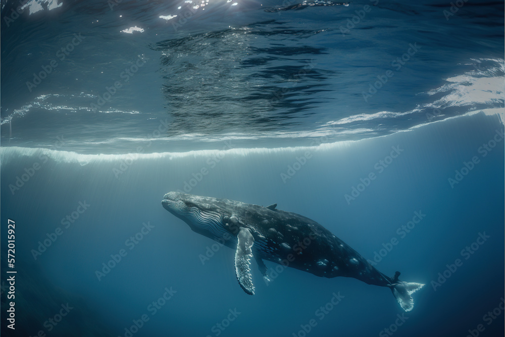 ilustración de una ballena bajo el agua.  Generative AI