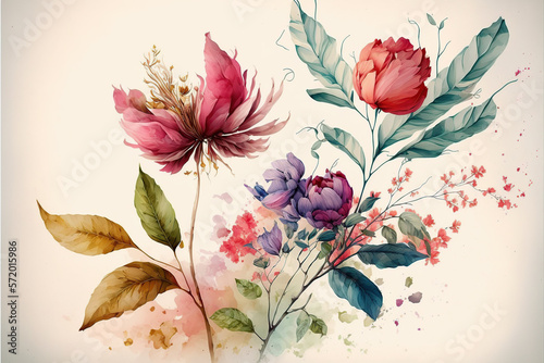 Ilustración de unas flores pintadas en acuarela sobre fondo blanco. Generative AI