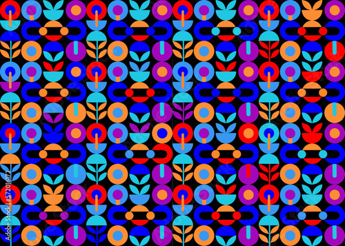 Mosaico en formas geométricas con fondo negro, cartel diseño de decoración, arquitectura en formas retro, vector de diseño de colores llamativos con fondo negro, formas, lineas y conjunto de vectores.