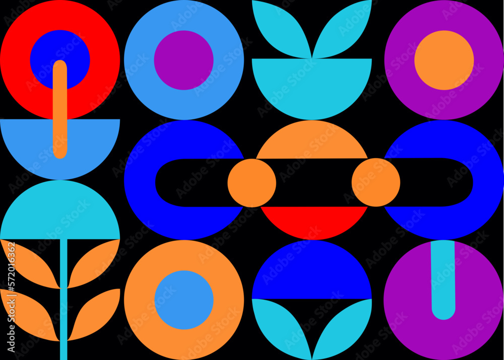Cartel de formas geométricas horizontal con colores llamativos y fondo negro, plantilla con geometrias abstractas, arquitectura retro formas mínimas, vector de diseño geométrico de colores