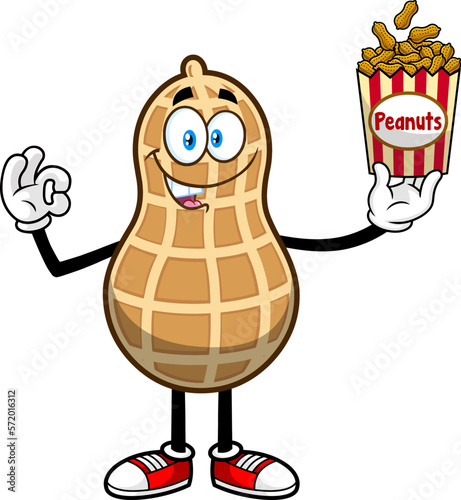 Peanut Cartoon Character Holding Up A Bag Of Peanuts. Vector Hand Drawn Illustration Isolated On Transparent Background