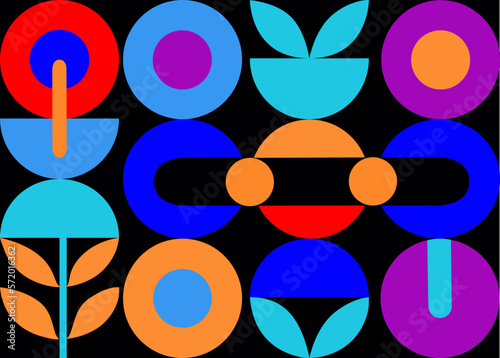 Cartel de formas geométricas horizontal con colores llamativos y fondo negro, plantilla con geometrias abstractas, arquitectura retro formas mínimas, vector de diseño geométrico de colores