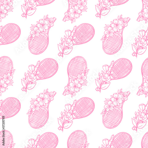 Vector seamless pattern with tennis rackets and flowers. Sports background for women's design, print for textiles.