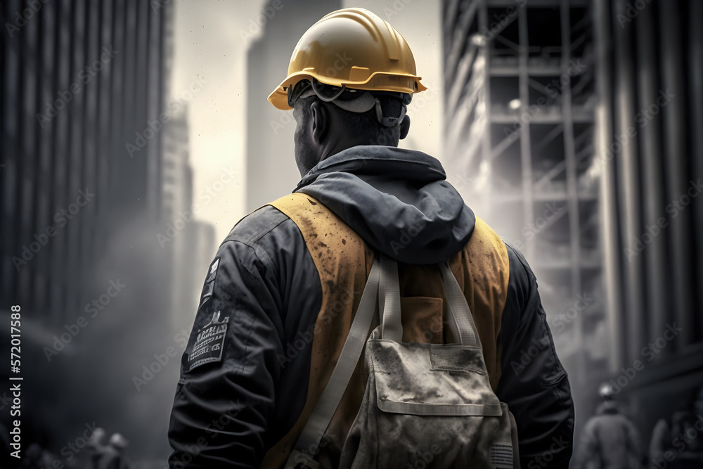 Construction site worker from the back thinking looking to construction area and vehicles - Generative AI Construction site worker from the back thinking looking to construction area and vehicles - Generative AI