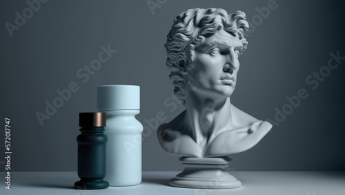 Male cosmetics set in ancient Greek style with make-up bottles and sculpture bust. Generated AI. High quality illustration