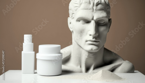 Cosmetic products in unbranded white packaging with antique sculpture of a man on a brown background. Generated AI. High quality illustration