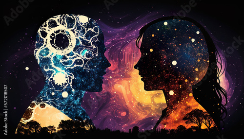 Human silhouettes on abstract cosmic background. Human souls couple in love. Spiritual life concept. Generative AI.