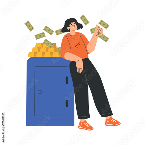 Rich Woman Character Leaning on Blue Safe with Banknotes and Gold Bar Showing Thumb Up Vector Illustration