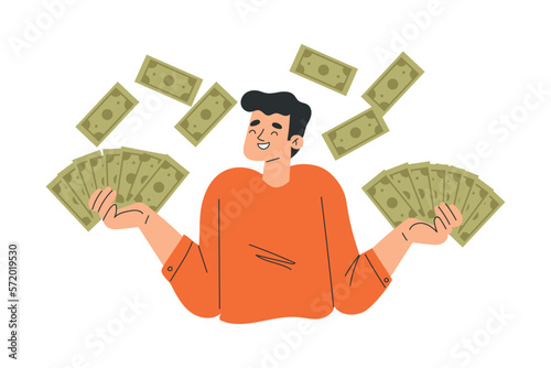 Rich Man Character with Green Banknotes in Hands Vector Illustration