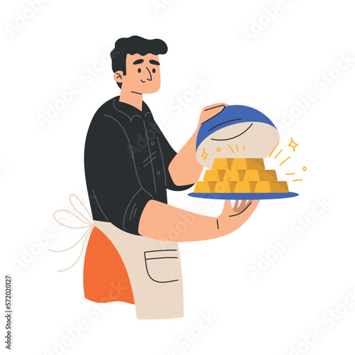 Rich Man Character in Apron with Tray and Gold Bars Vector Illustration