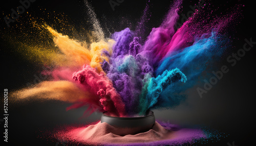 Advertising poster with cosmetic powder of different colors, with particles flying in all directions after the explosion. Generated AI. High quality illustration