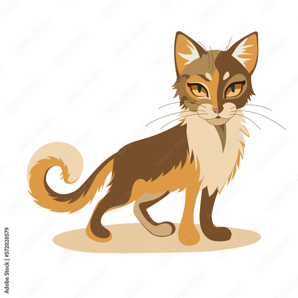 Vector illustration, very beautiful cat with a magnificent tail. Flat line art style design of red cat in different shades on white color background.
