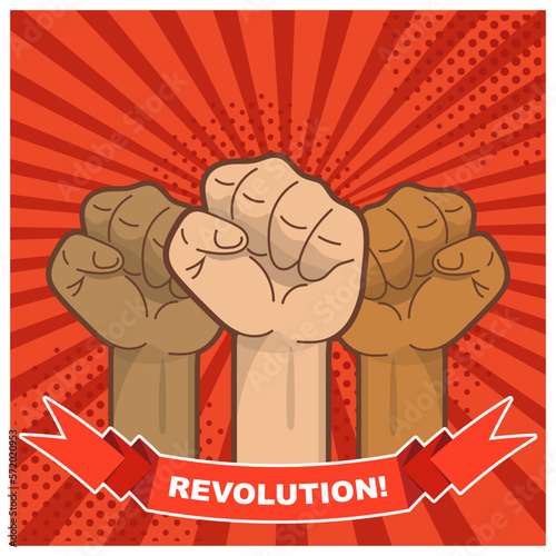 Three clenched fists against the background of red sunbeams and a ribbon with the inscription - Revolution! Emblem, icon. Vector illustration