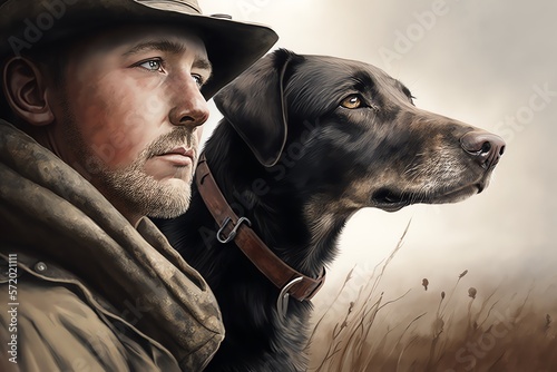 Hunterman and dog. Generative AI photo