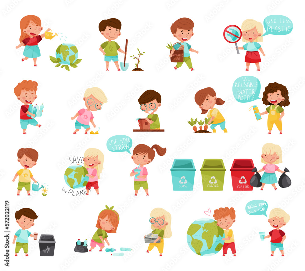 Kid Characters Saving Nature Sorting Garbage and Planting Big Vector Set