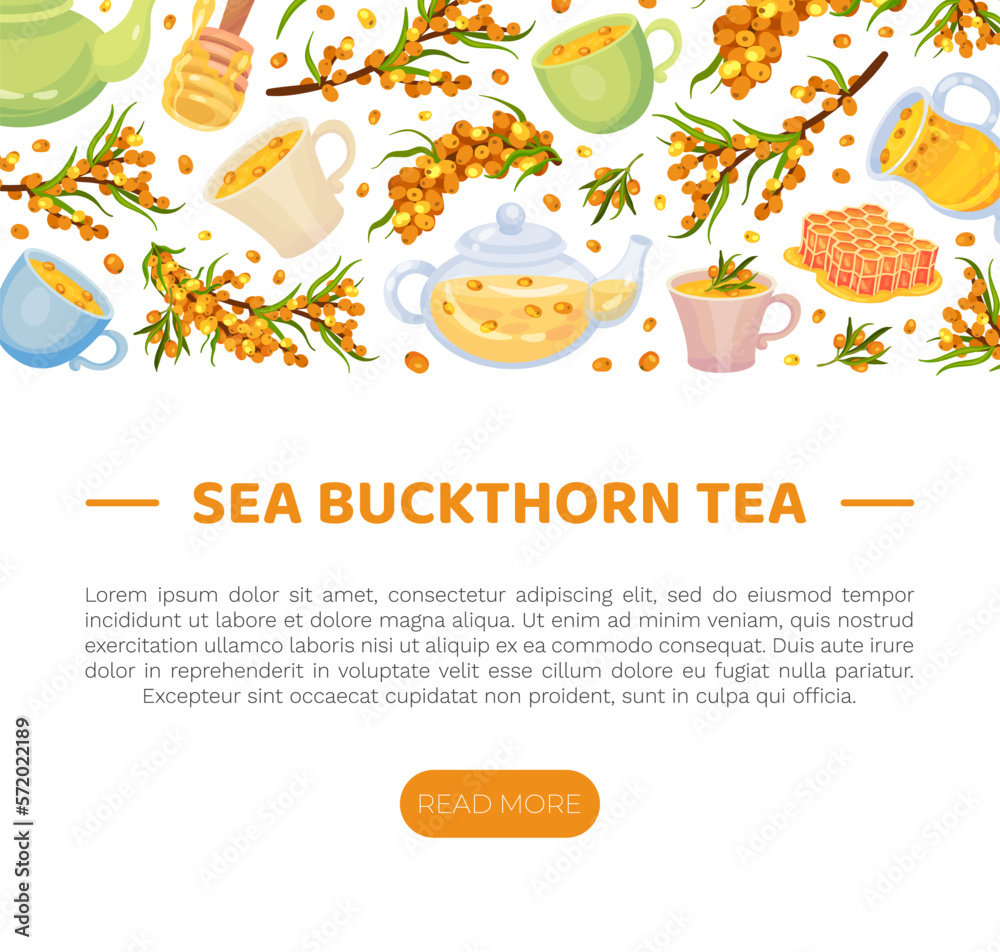 Sea Buckthorn and Honey Banner Design with Berry and Sweet Herbal Tea Vector Template