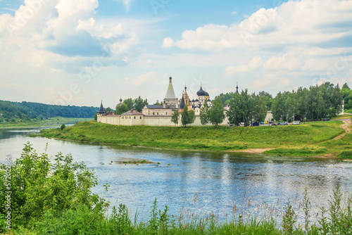 An ancient monastery on the banks of the Volga River in the ancient Russian town of Staritsa