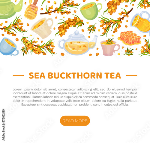 Sea Buckthorn and Honey Banner Design with Berry and Sweet Herbal Tea Vector Template