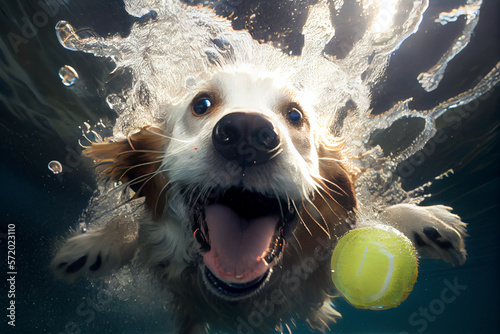 Underwater action  portrait of dog diving for toy ball in pool. Generative Ai