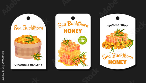 Sea Buckthorn Honey Label Design with Berry and Sweet Honeycomb Vector Template