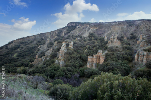 Fairy Chimneys, Kula Geopark at location Manisa, Turkey. Kula Volcanic Geopark, also known as Kuladoccia. It was recognized by UNESCO as a UNESCO Global Geopark and is the country's only geopark