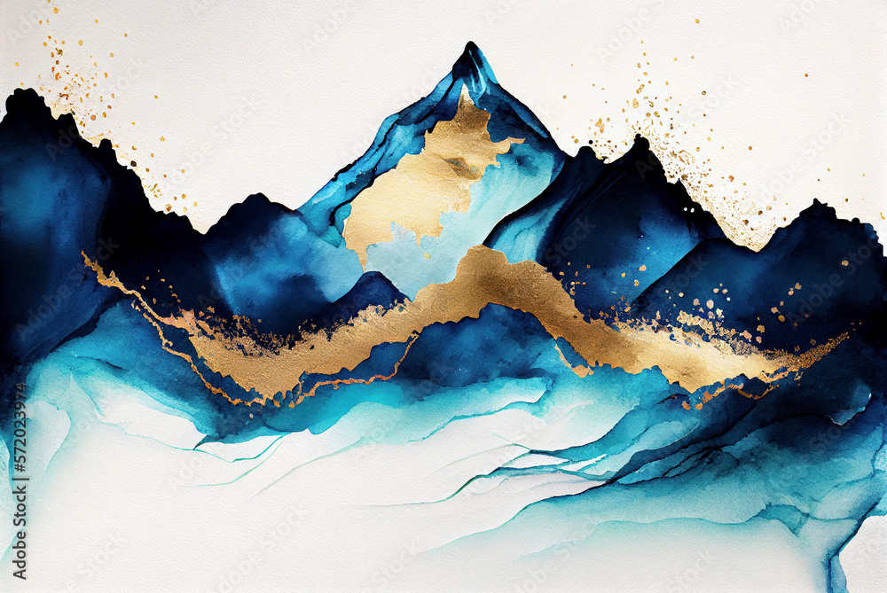 Blue and gold marbling abstract background, waves and mountains silhouettes, imitation of watercolor paint and texture created with Generative AI technology Blue and gold marbling abstract background, waves and mountains silhouettes, imitation of watercolor paint and texture created with Generative AI technology