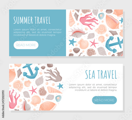 Sea Life Decorative Banner Design with Conch and Cockleshell Vector Template