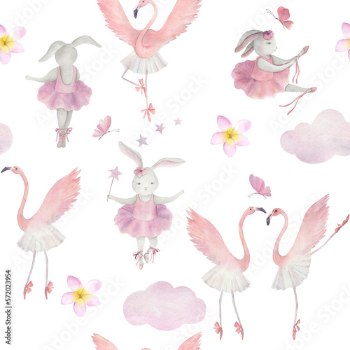 Watercolor seamless pattern with kids ballet. Hand drawn illustration on white background