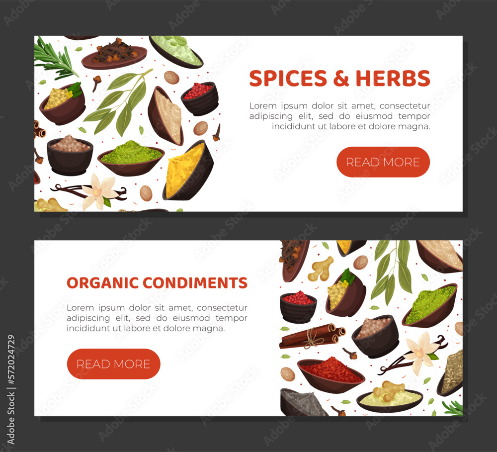 Seasoning and Spices Banner Design with Pile of Condiments in Bowl Vector Template
