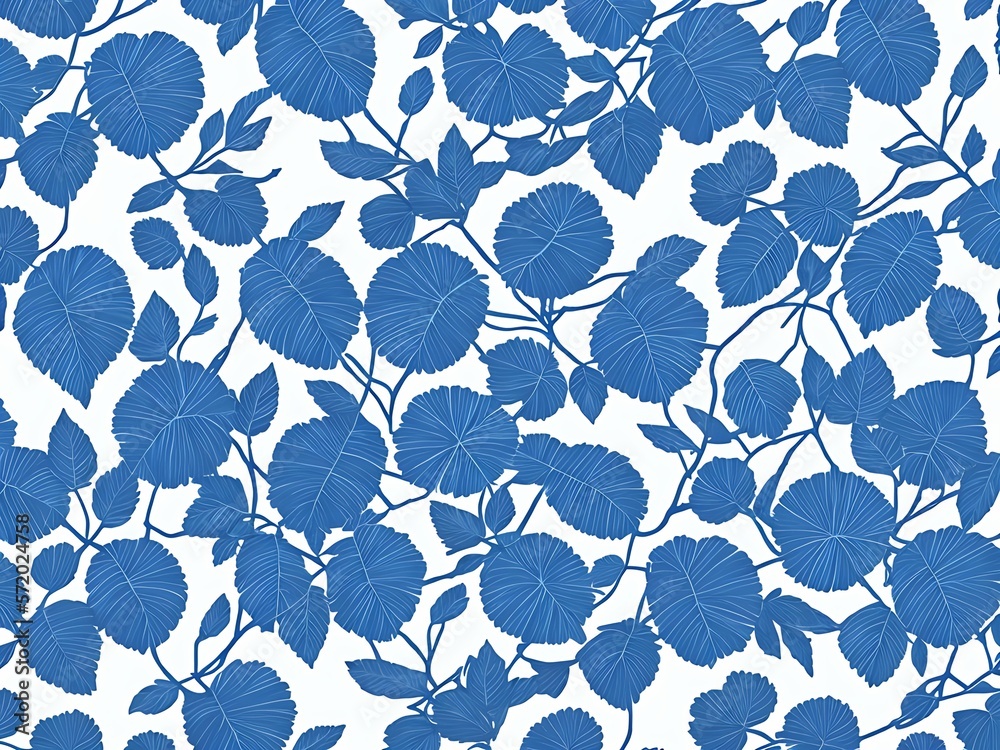 Branches and leaves in blue on a white background. Generative AI