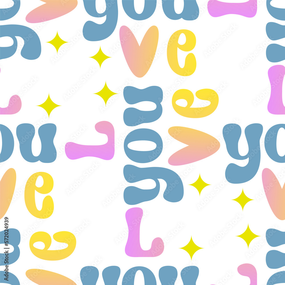 Seamless pattern with love text colorful in Groovy style on white background Seamless pattern with love text colorful in Groovy style on white background
