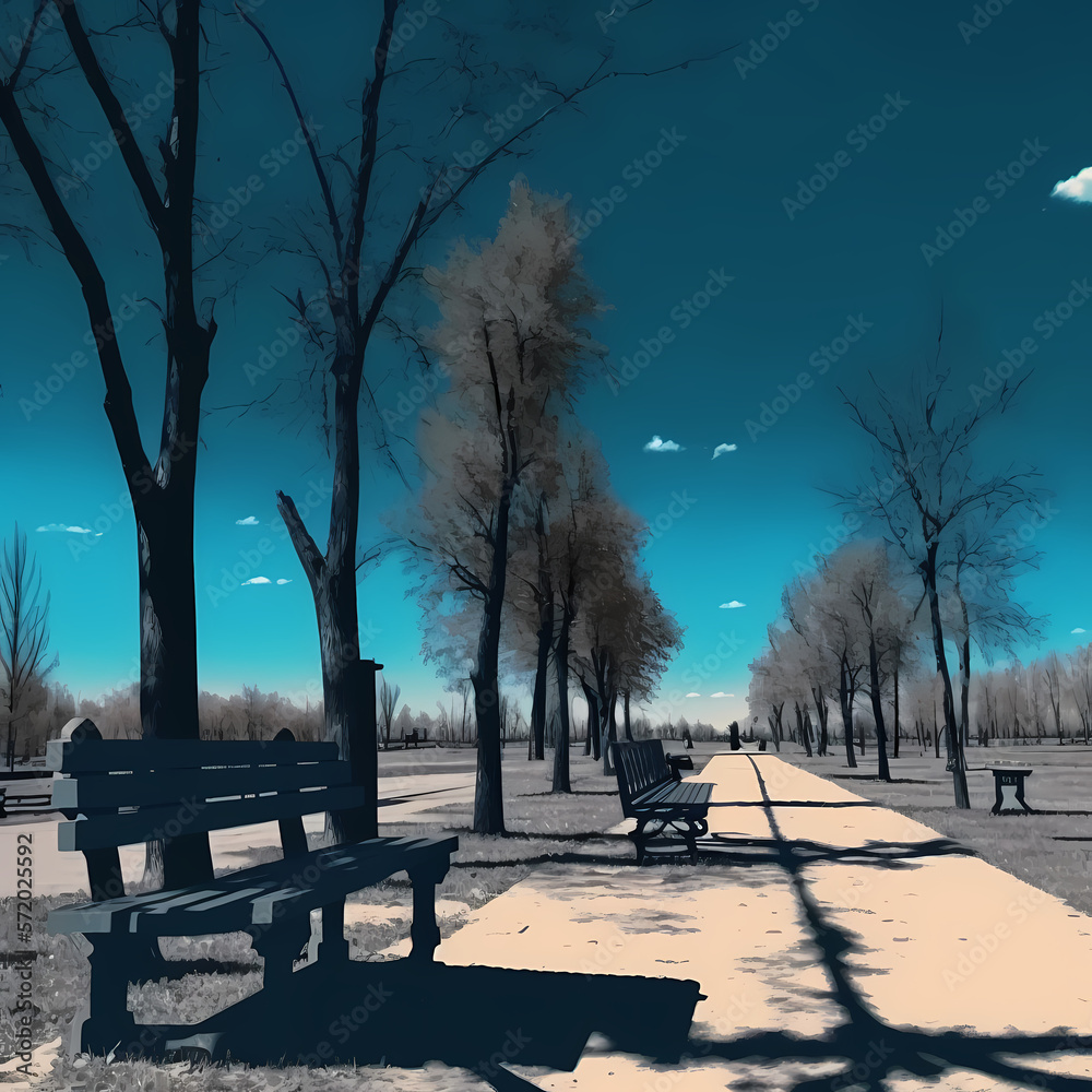The view of a park in spring, there are empty benches and a clear sky. Generative AI The view of a park in spring, there are empty benches and a clear sky. Generative AI