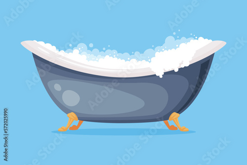 Cast Iron Bathtub on Claw Foot Pedestal Full of Water with Soap Bubbles Foam Isolated on Blue Background Vector Illustration