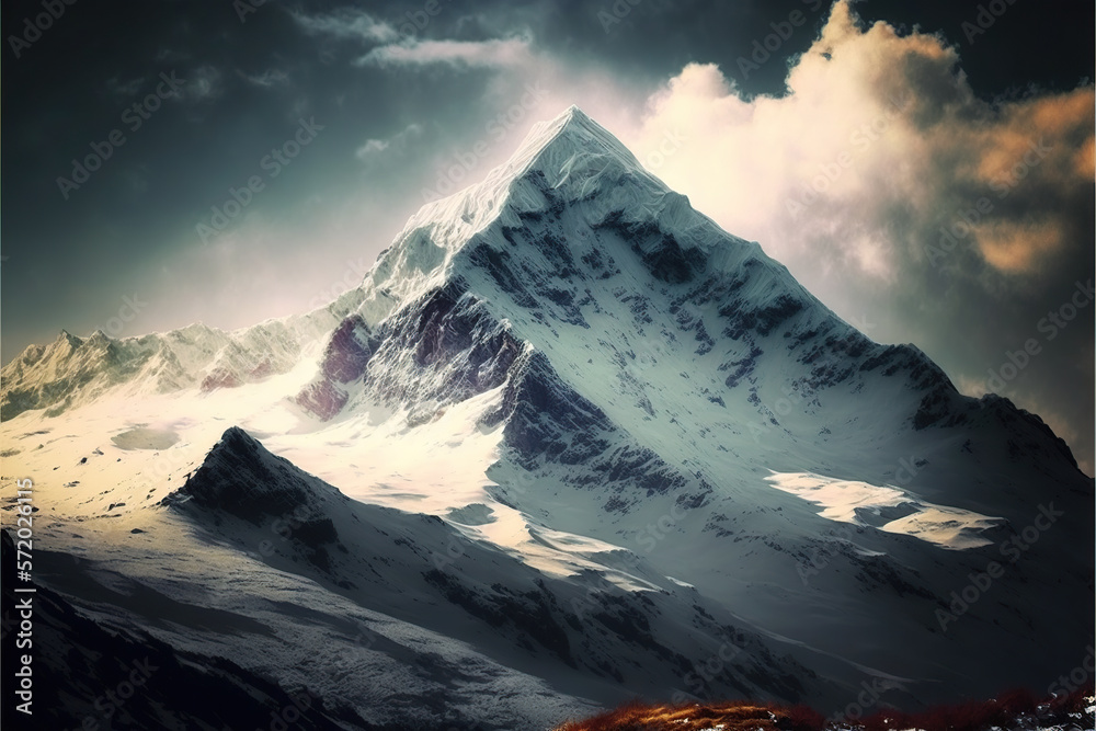 Fototapeta premium Ilustración de una gran montaña nevada rodeada de nubes. Ilustración de un fondo con ludes boke en colores rojos. Generative AI