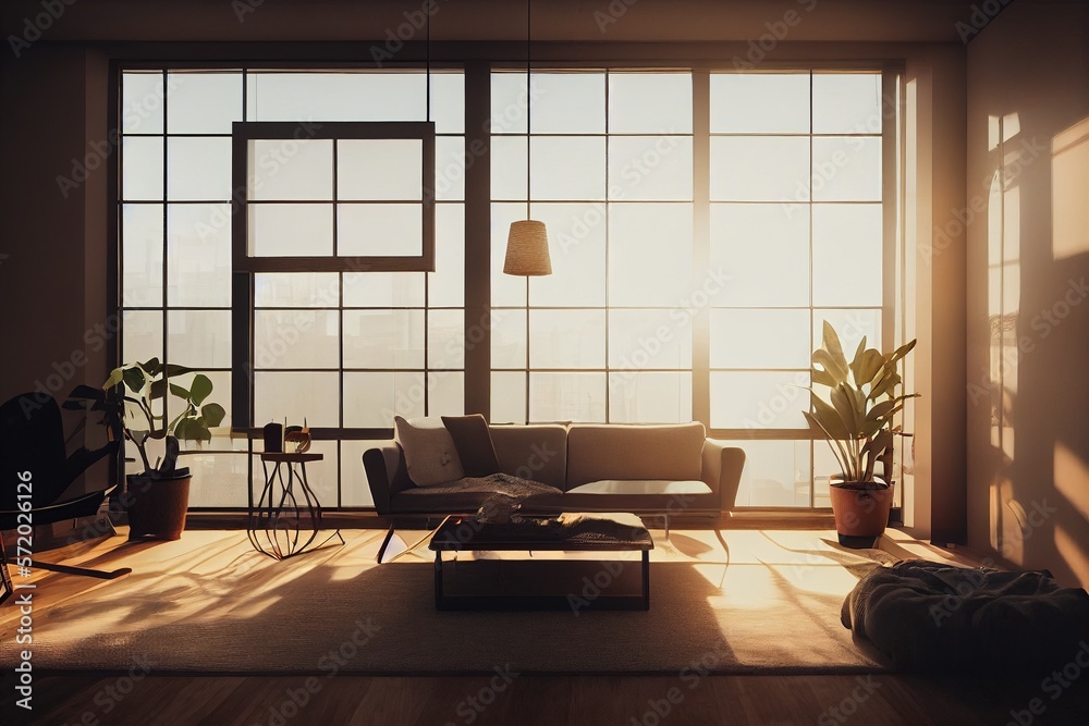 Beautiful Warm Cozy Modern Living Room Interior with minimal staged furniture with large windows at golden and indoor house plants made with Generative Ai Beautiful Warm Cozy Modern Living Room Interior with minimal staged furniture with large windows at golden and indoor house plants made with Generative Ai