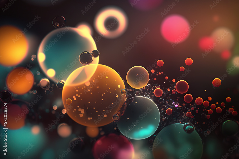 Ilustración de un fondo con burbujas o círculos de colores sobre un fondo negro. Generative AI - obrazy, fototapety, plakaty 