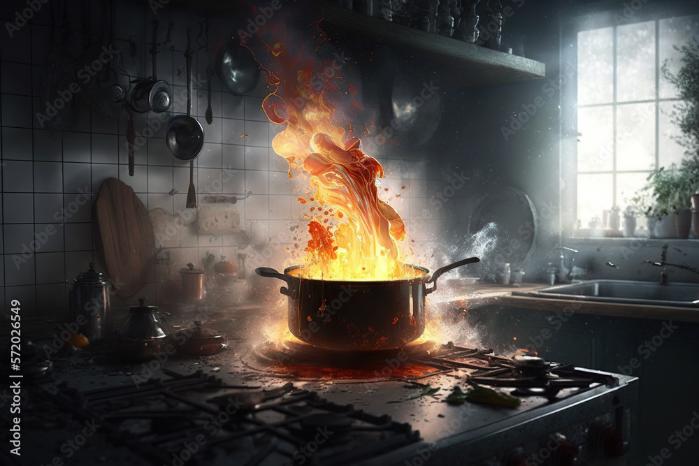 ilustración de una cazuela ardiendo en el fuego de una cocina con mucho humo. Generative AI - obrazy, fototapety, plakaty 