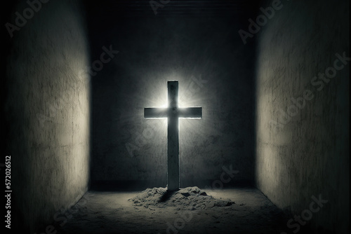 Ilustración  de una cruz cristiana con una luz de contra en una habitación vacía. Generative AI