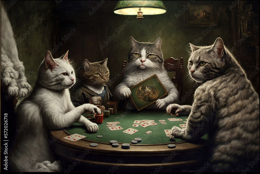 ilustración de unos gatos sentados a una mesa jugando al poker bajo la luz  de una lámpara. Generative AI Stock Illustration | Adobe Stock