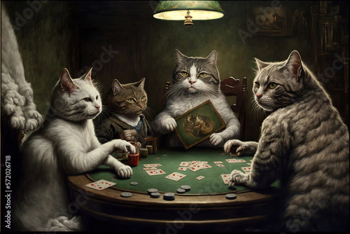 Fotografiet ilustración de unos gatos sentados a una mesa jugando al poker bajo la luz de una lámpara