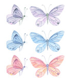 Watercolor pastel blue, red, purple butterflies