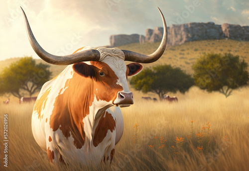 Texas longhorn bull on grassland, illustration generative AI photo