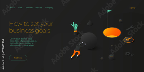 Business weight potential in isometric vector design concept. Powerful businesswoman striving and achieving corporate goal. Motivation web banner layout