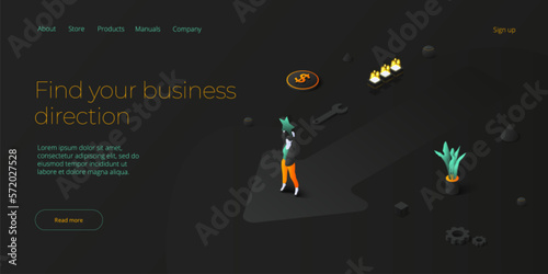 Businesswoman choosing successful direction on crossroad. Business decision challenge concept in isometric vector design. Achieving financial goal metaphor