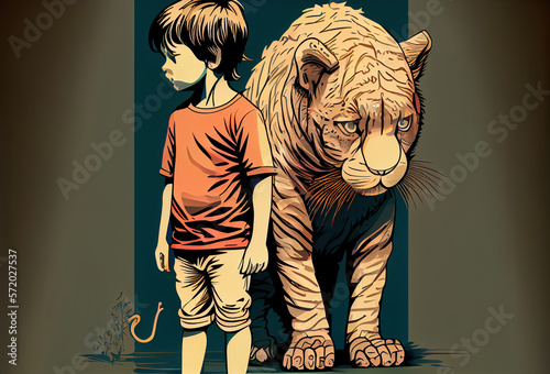 boy and tiger cartoon. Generative AI