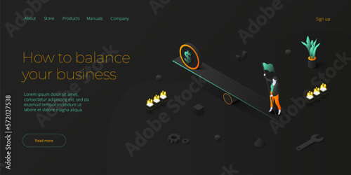 Business and life balance in isometric vector design concept. Powerful businesswoman striving and achieving corporate goal. Motivation web banner layout