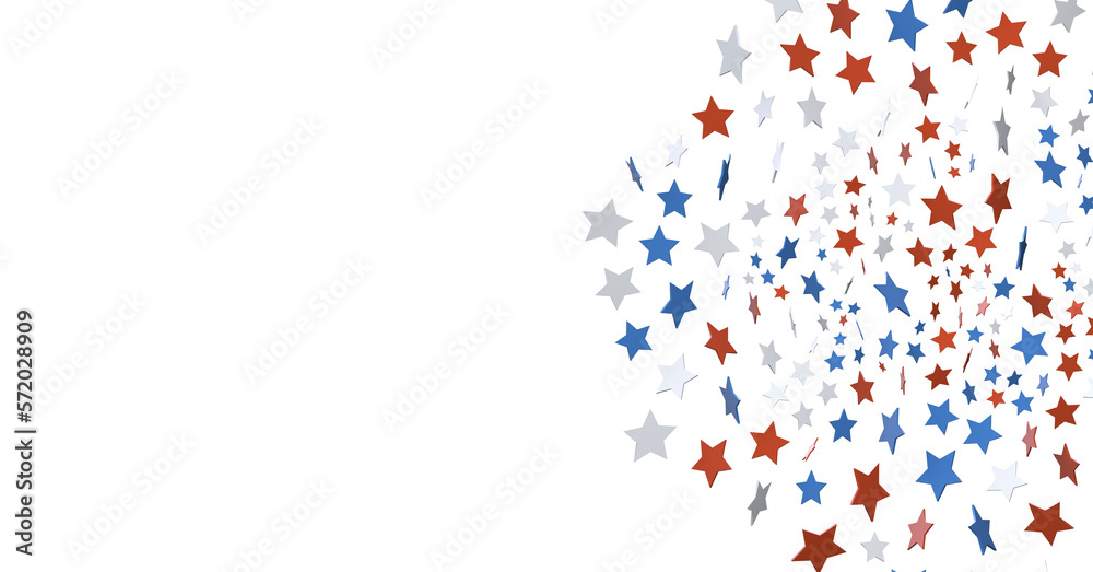 Red white blue shiny confetti stars on white background, isolate, tricolor concept,