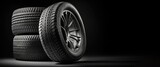new car tires against dark background banner design. Auto parts. With copy space - Generative AI