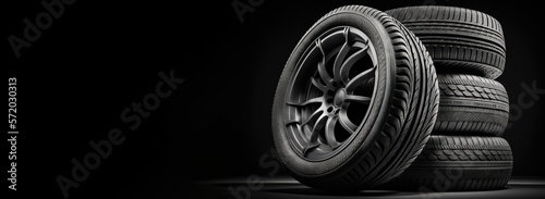 new car tires against dark background banner design. Auto parts. With copy space